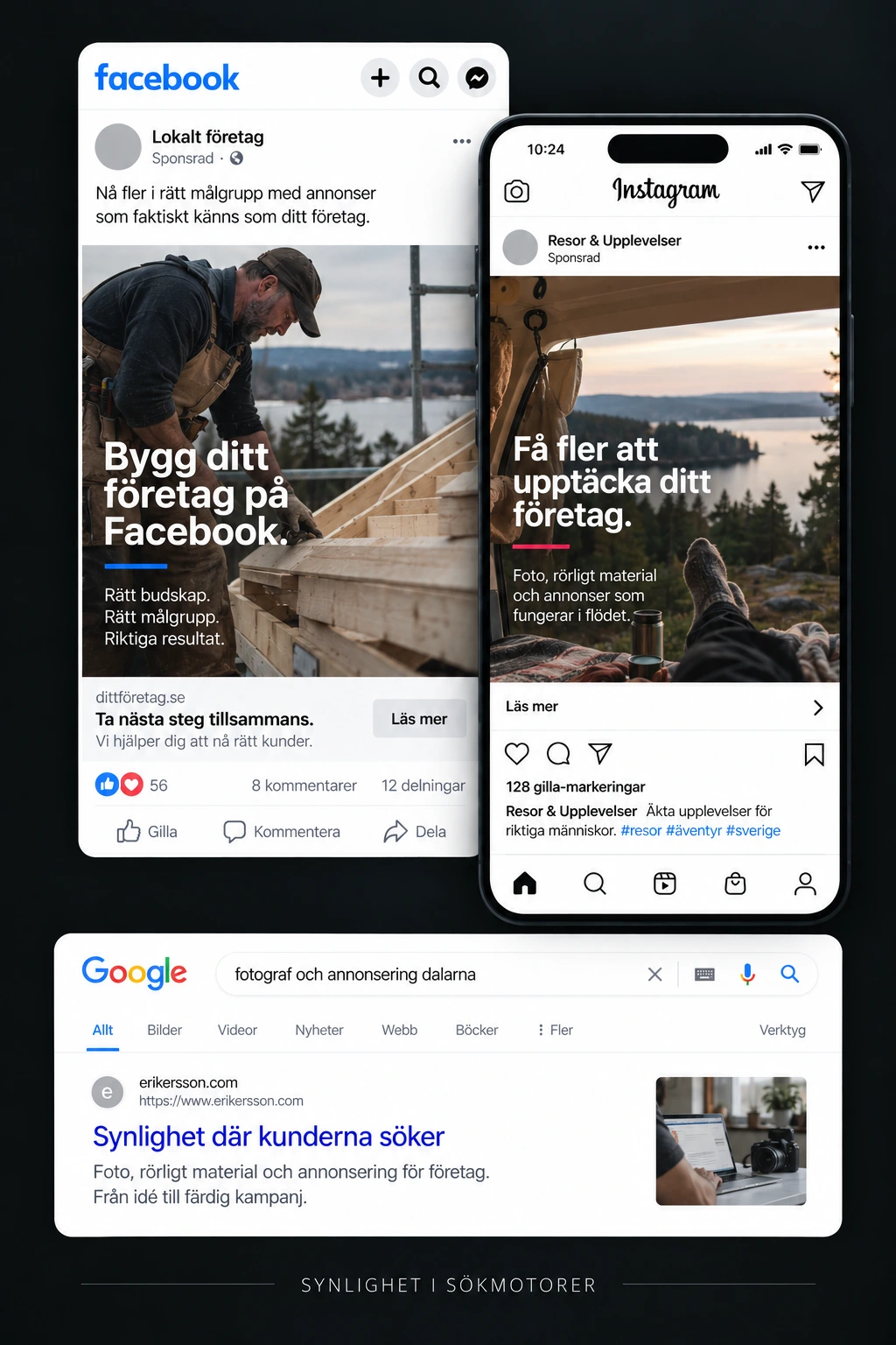 Illustration av annonser på Facebook och Instagram samt synlighet på Google. Placeringsexempel, inte verkliga kampanjresultat.